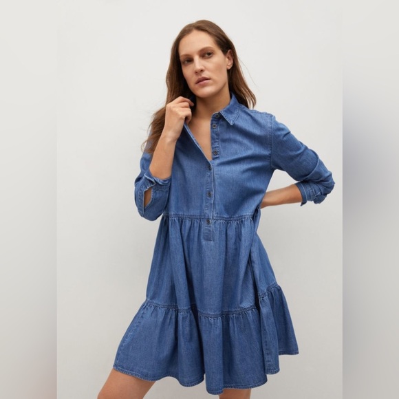 Mango tiered long-sleeve denim shirt dress - Picture 2 of 5